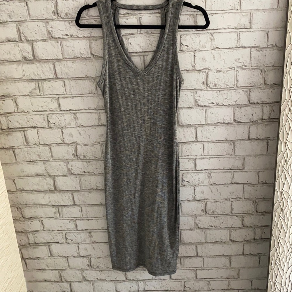 mid-length, tight, gray dress
